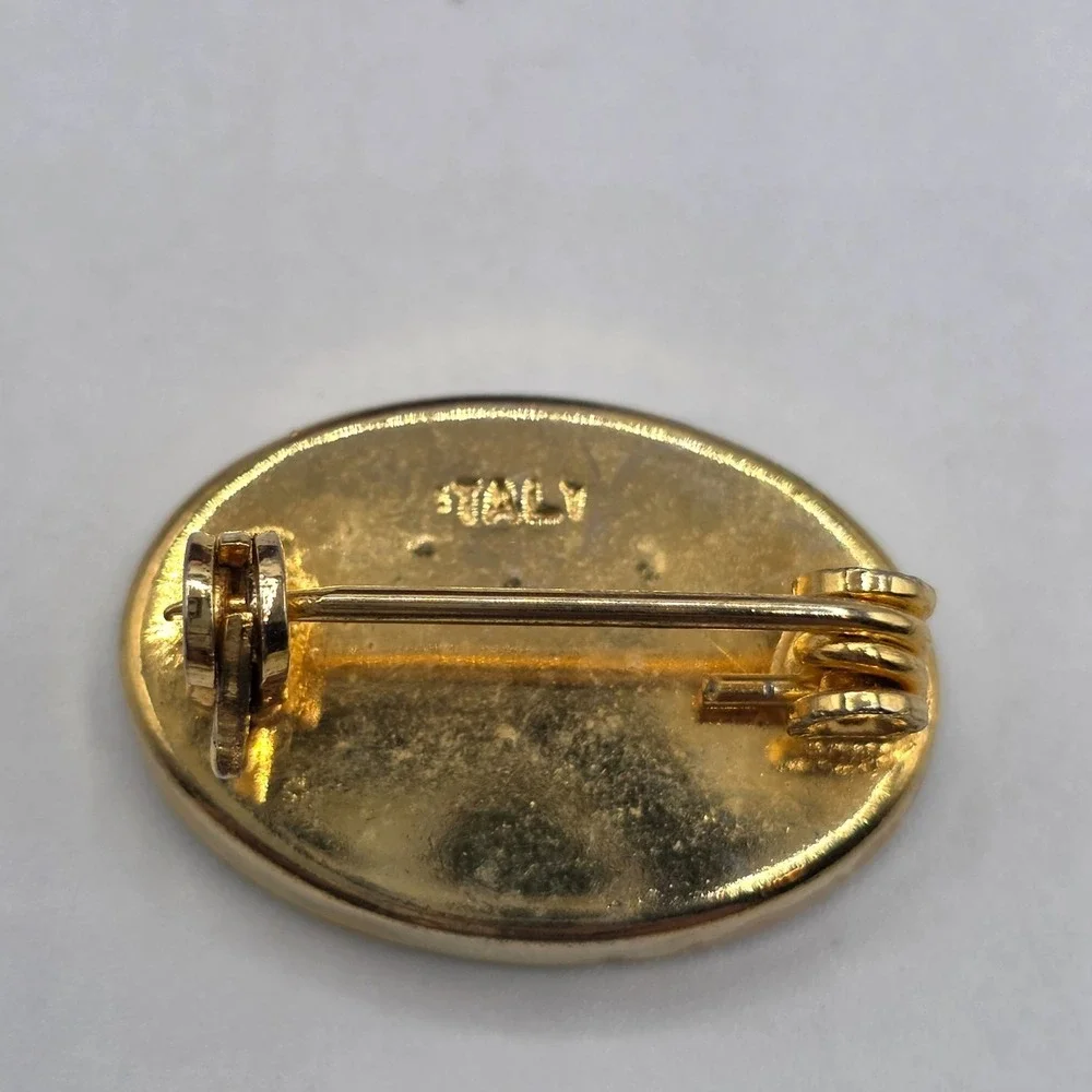Vintage Micro Mosaic Oval Brooch Floral Design Gold‎ Tone ITALY Pin Jewerly